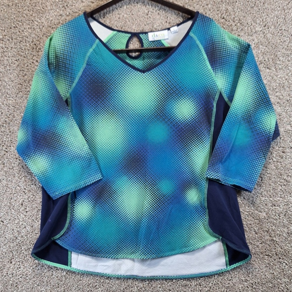 D&Co Active Top Womens L Multicolor Geometric 3/4 Sleeve V-Neck Athleisure Yoga